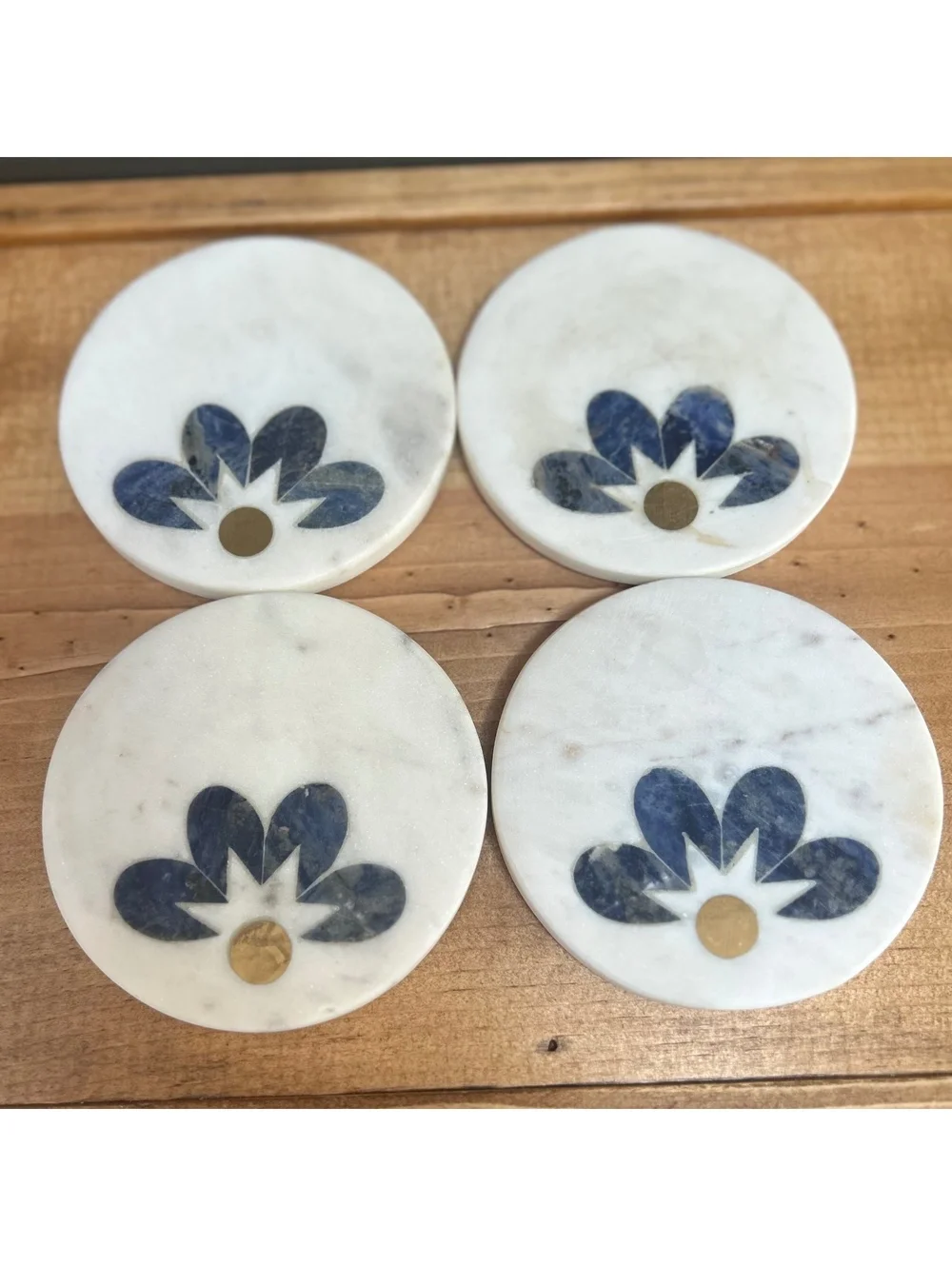 Set of 4 GAURI KOHLI Santorini White Marble Coasters with Blue and Gold Inlay